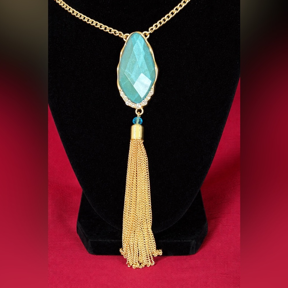 32” Gold Tone Long Chain Necklace Faceted Teal Stone Pendant Chain Tassel Boho